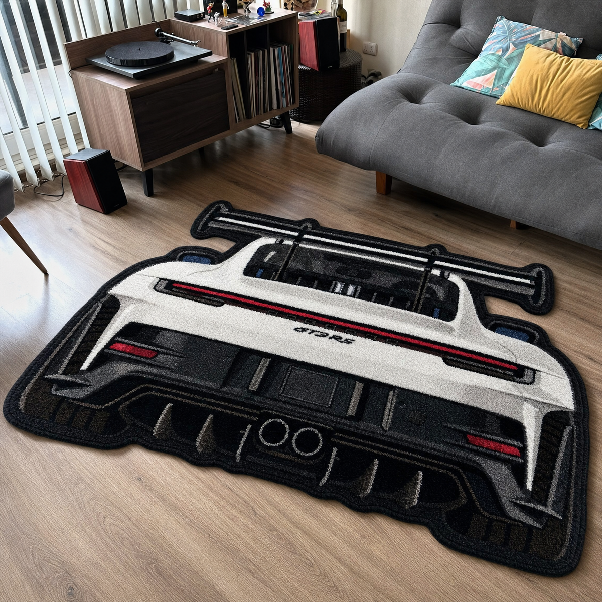 SWAN NECK hand-tufted car rug, rear view of a track car with a swan-neck rear wing