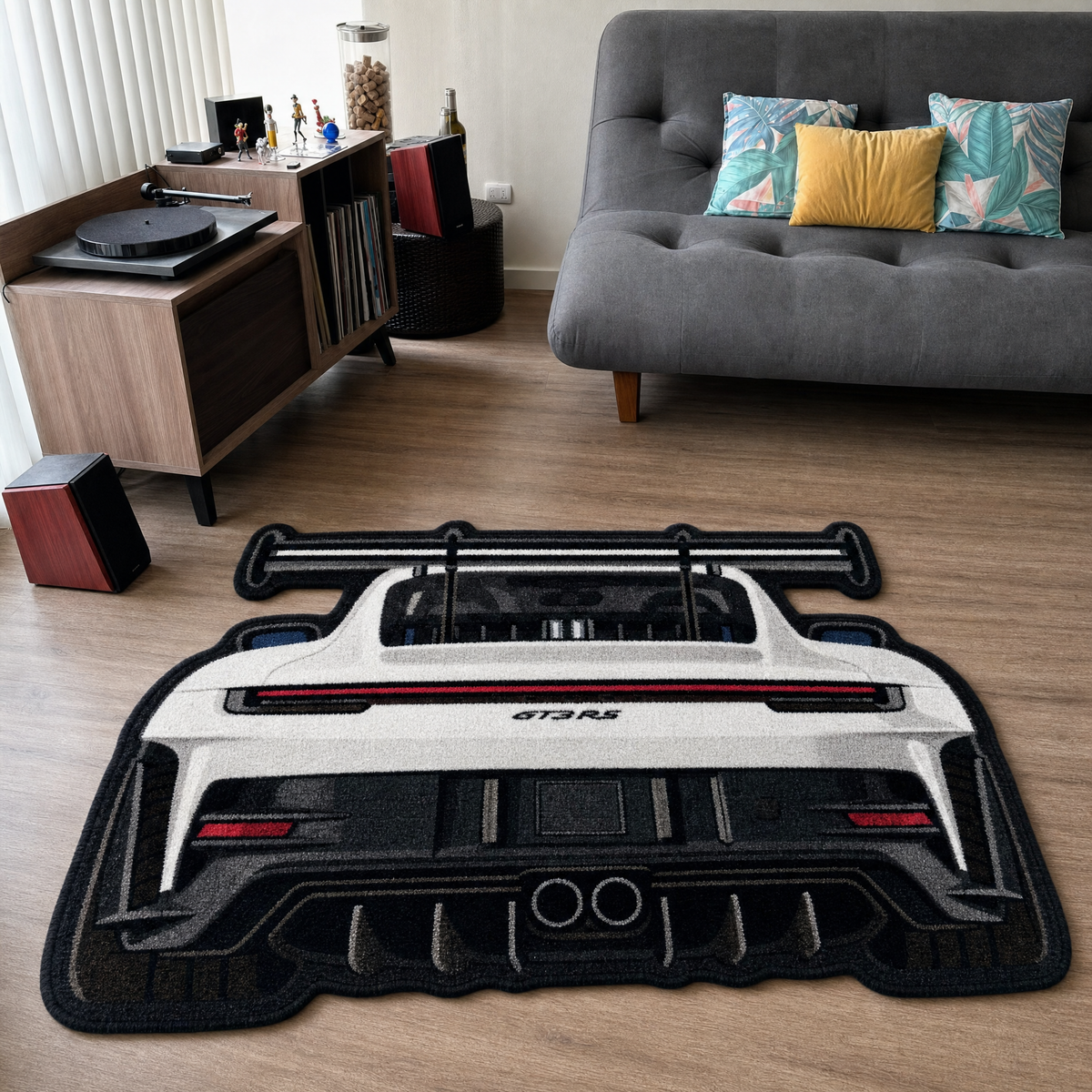 SWAN NECK hand-tufted car rug, rear view of a track car with a swan-neck rear wing – image 11