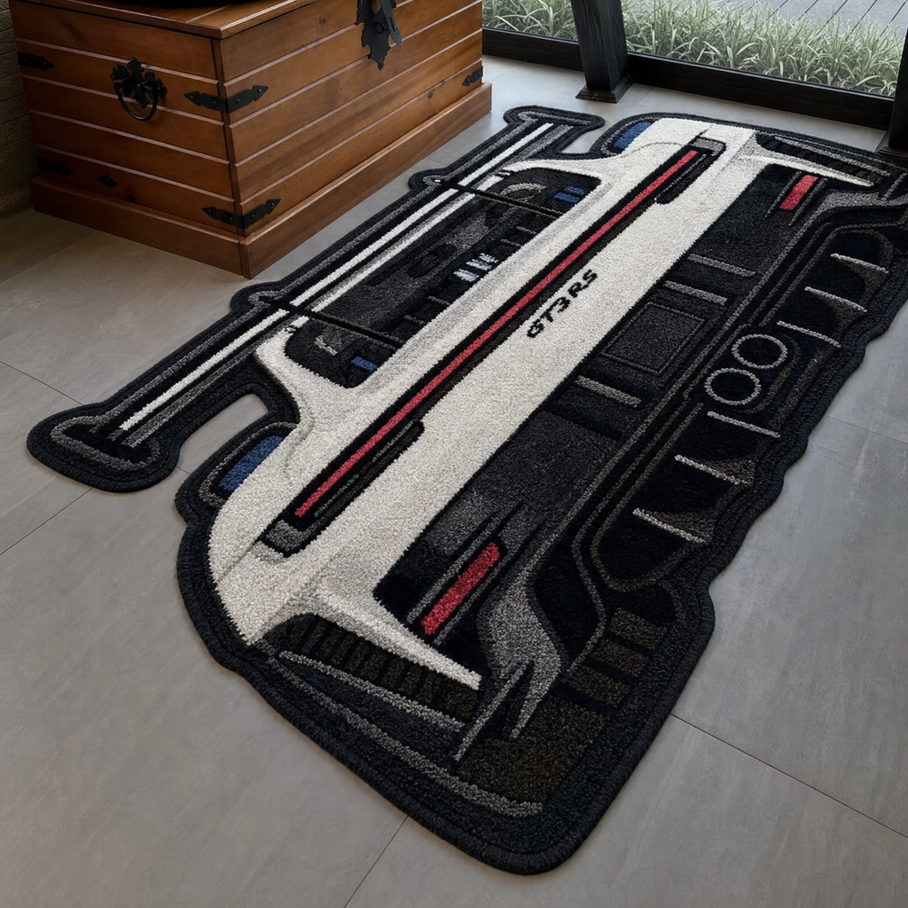 SWAN NECK hand-tufted car rug, rear view of a track car with a swan-neck rear wing – image 6