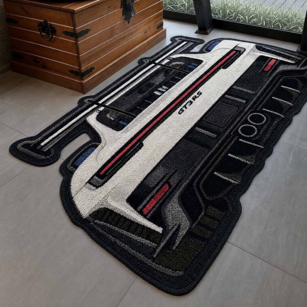 SWAN NECK hand-tufted car rug, rear view of a track car with a swan-neck rear wing – image 6