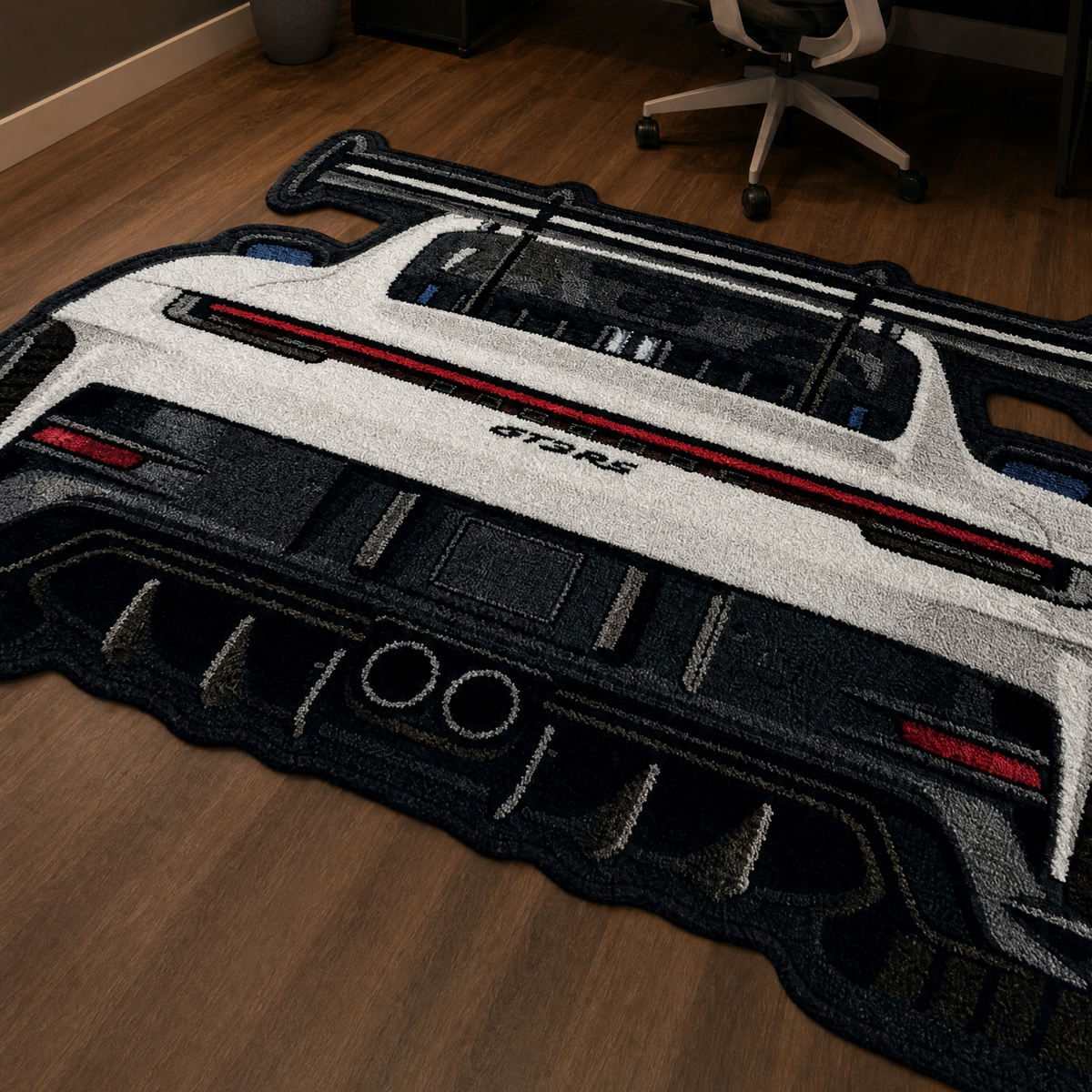 SWAN NECK hand-tufted car rug, rear view of a track car with a swan-neck rear wing – image 14