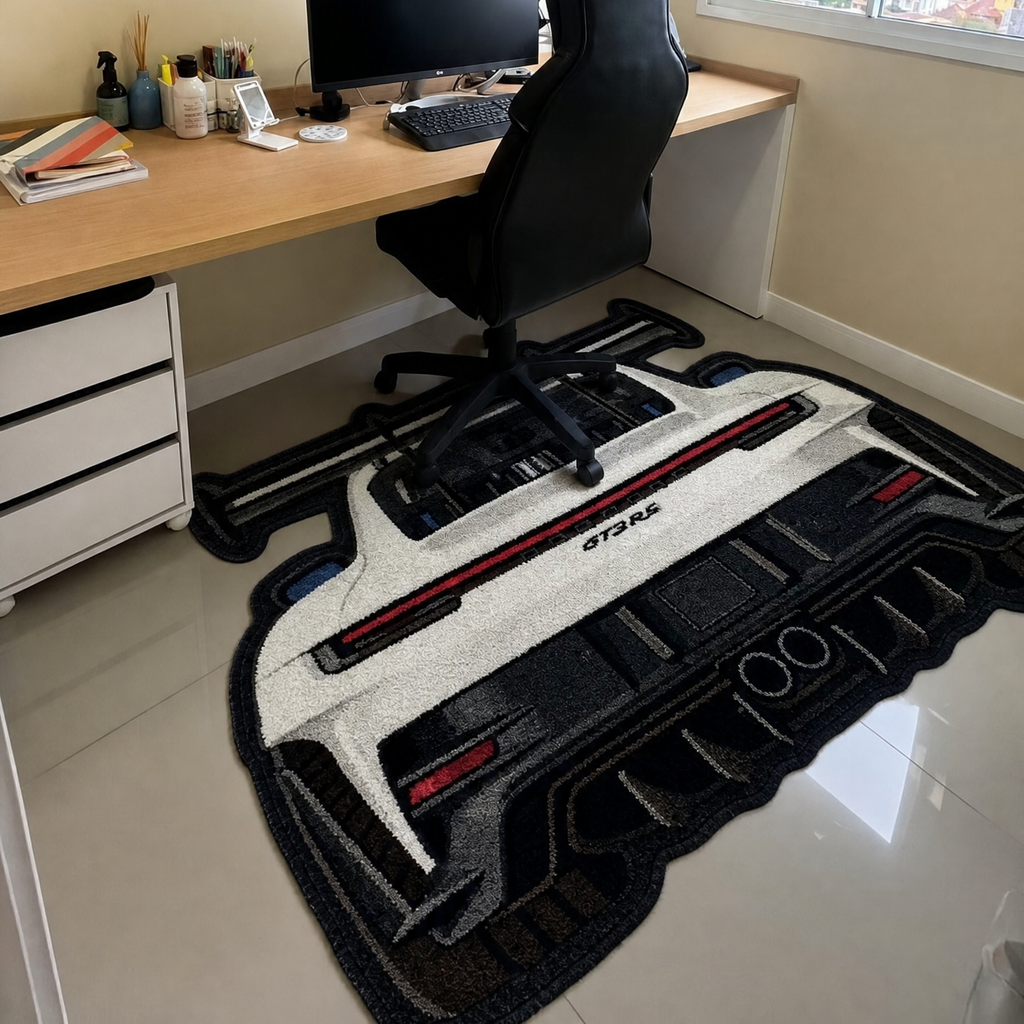 SWAN NECK hand-tufted car rug, rear view of a track car with a swan-neck rear wing – image 15
