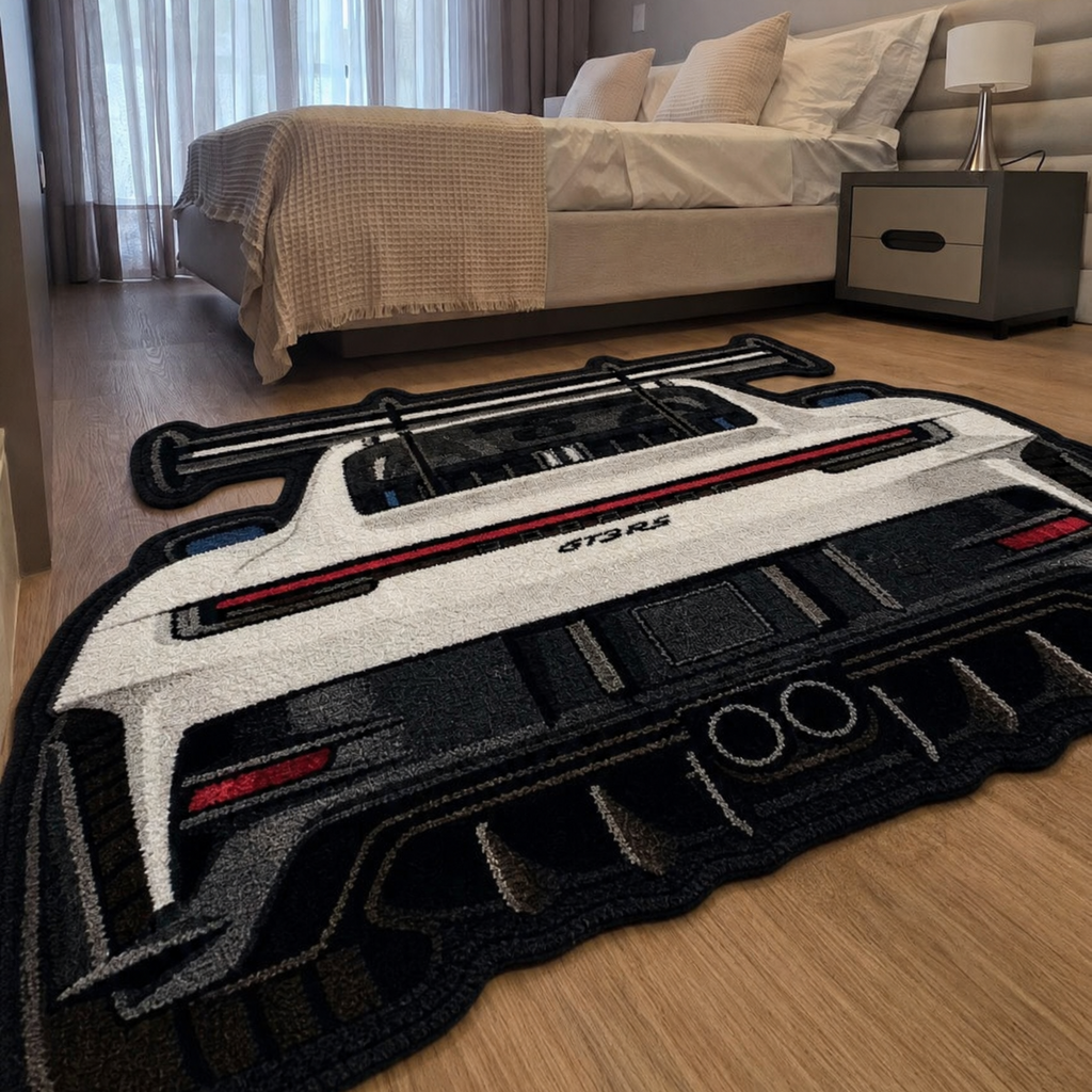 SWAN NECK hand-tufted car rug, rear view of a track car with a swan-neck rear wing – image 8