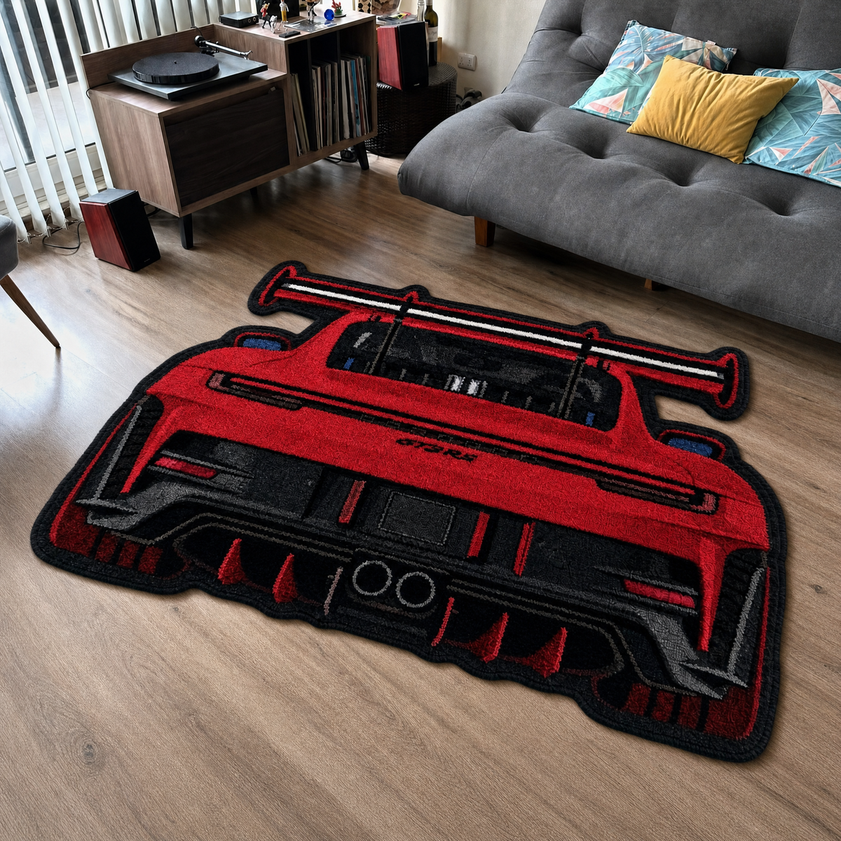 SWAN NECK hand-tufted car rug, rear view of a track car with a swan-neck rear wing – image 7