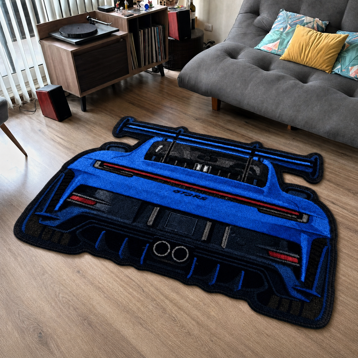 SWAN NECK hand-tufted car rug, rear view of a track car with a swan-neck rear wing – image 13