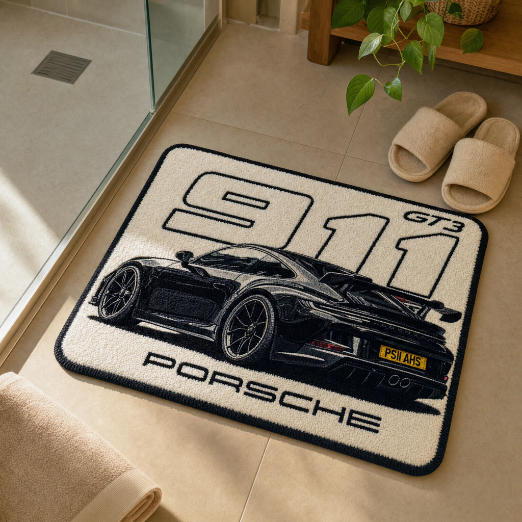 THRESHOLD 03 NUMERALS car entry mat with a black sports car and large numerals