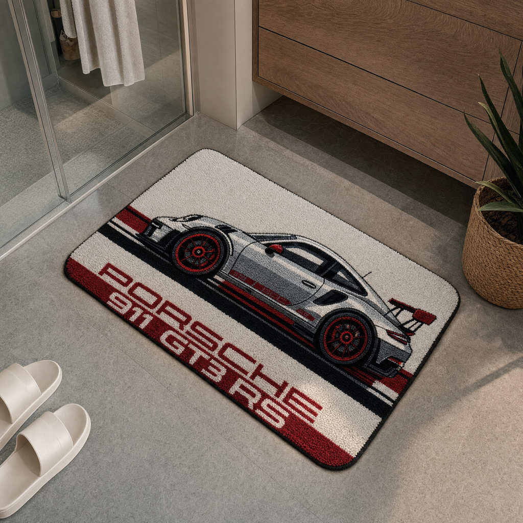 THRESHOLD 05 RACE STRIPE car entry mat with a silver track car and red stripes