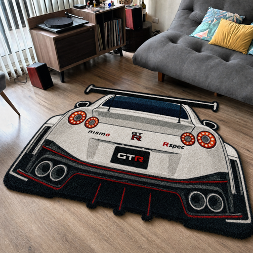 AFTERBURN hand-tufted car rug, rear view of a twin-turbo GT with round taillights