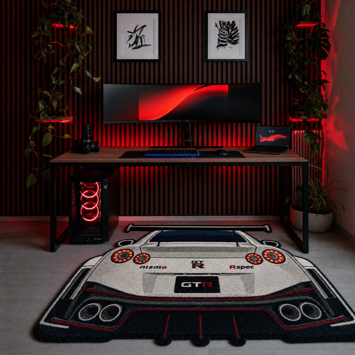 AFTERBURN hand-tufted car rug, rear view of a twin-turbo GT with round taillights – image 4