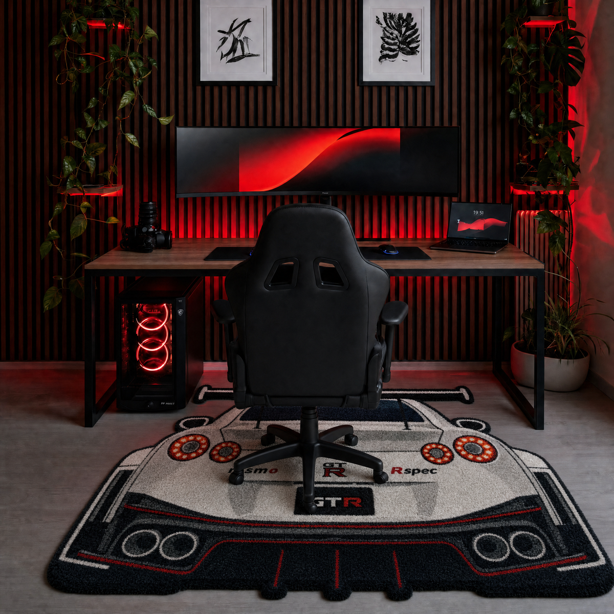 AFTERBURN hand-tufted car rug, rear view of a twin-turbo GT with round taillights – image 9