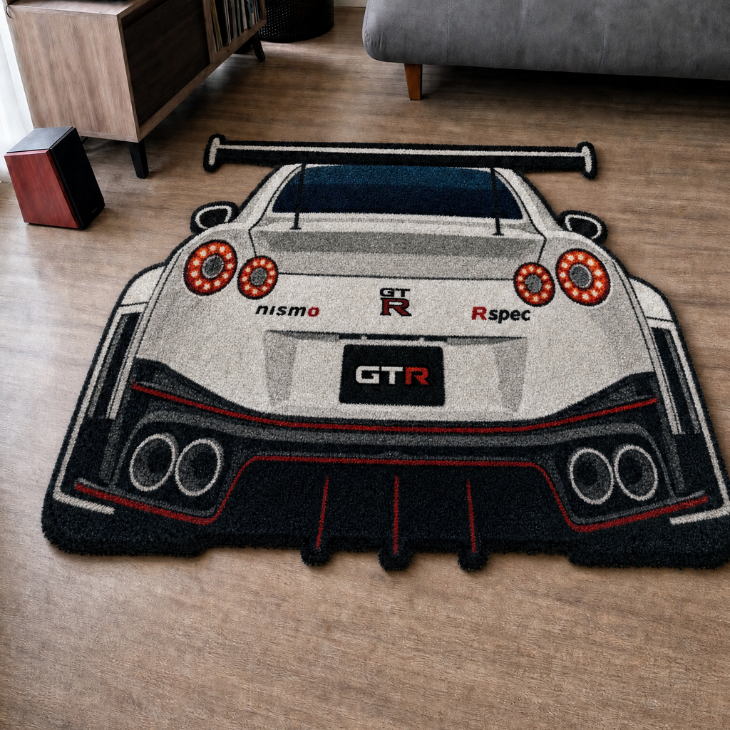AFTERBURN hand-tufted car rug, rear view of a twin-turbo GT with round taillights – image 8