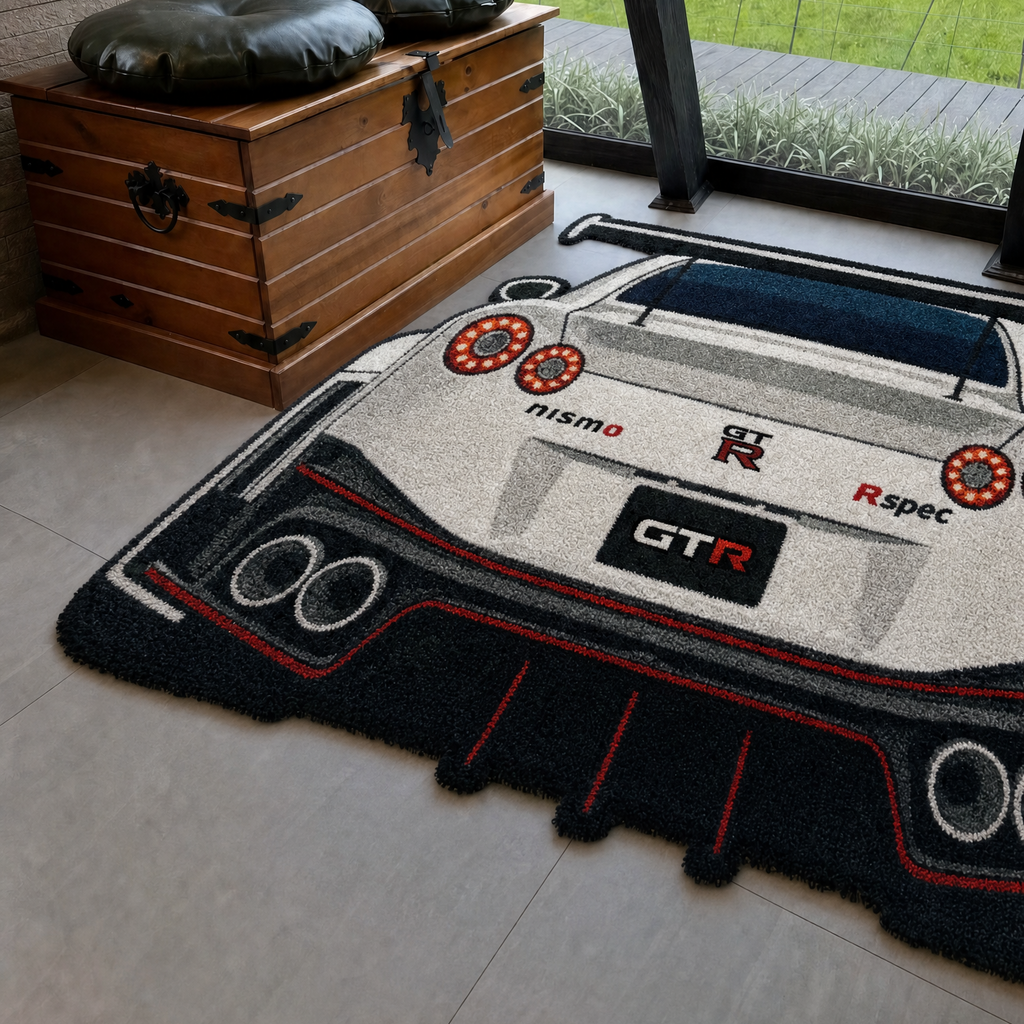 AFTERBURN hand-tufted car rug, rear view of a twin-turbo GT with round taillights – image 14