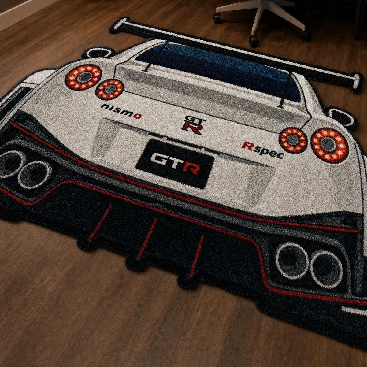 AFTERBURN hand-tufted car rug, rear view of a twin-turbo GT with round taillights – image 5