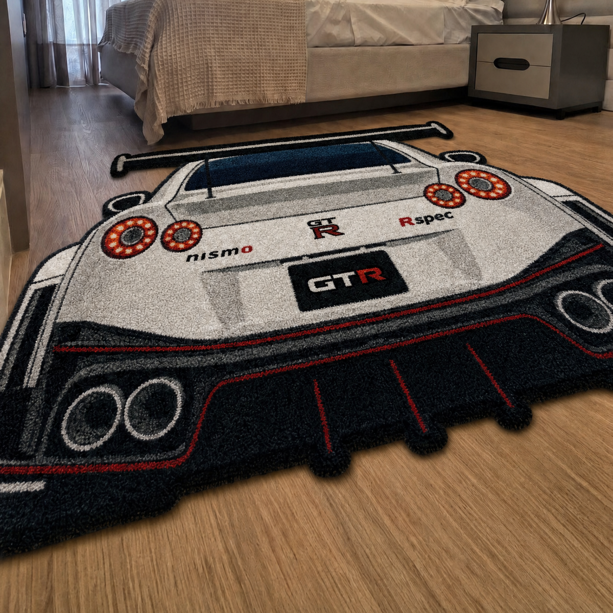 AFTERBURN hand-tufted car rug, rear view of a twin-turbo GT with round taillights – image 6