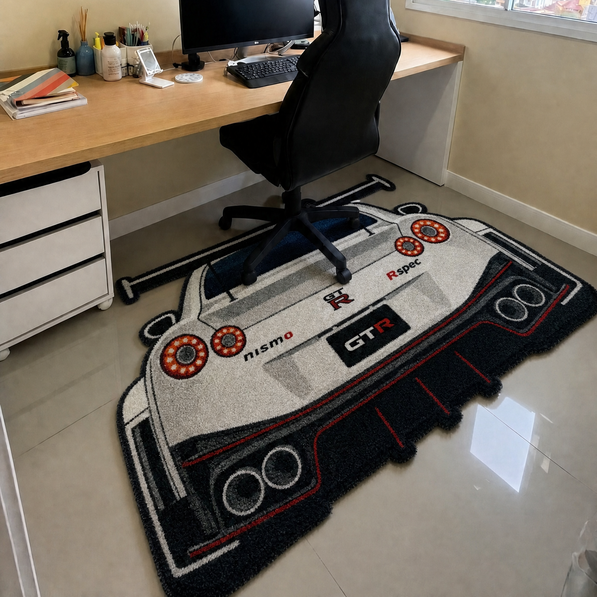 AFTERBURN hand-tufted car rug, rear view of a twin-turbo GT with round taillights – image 3