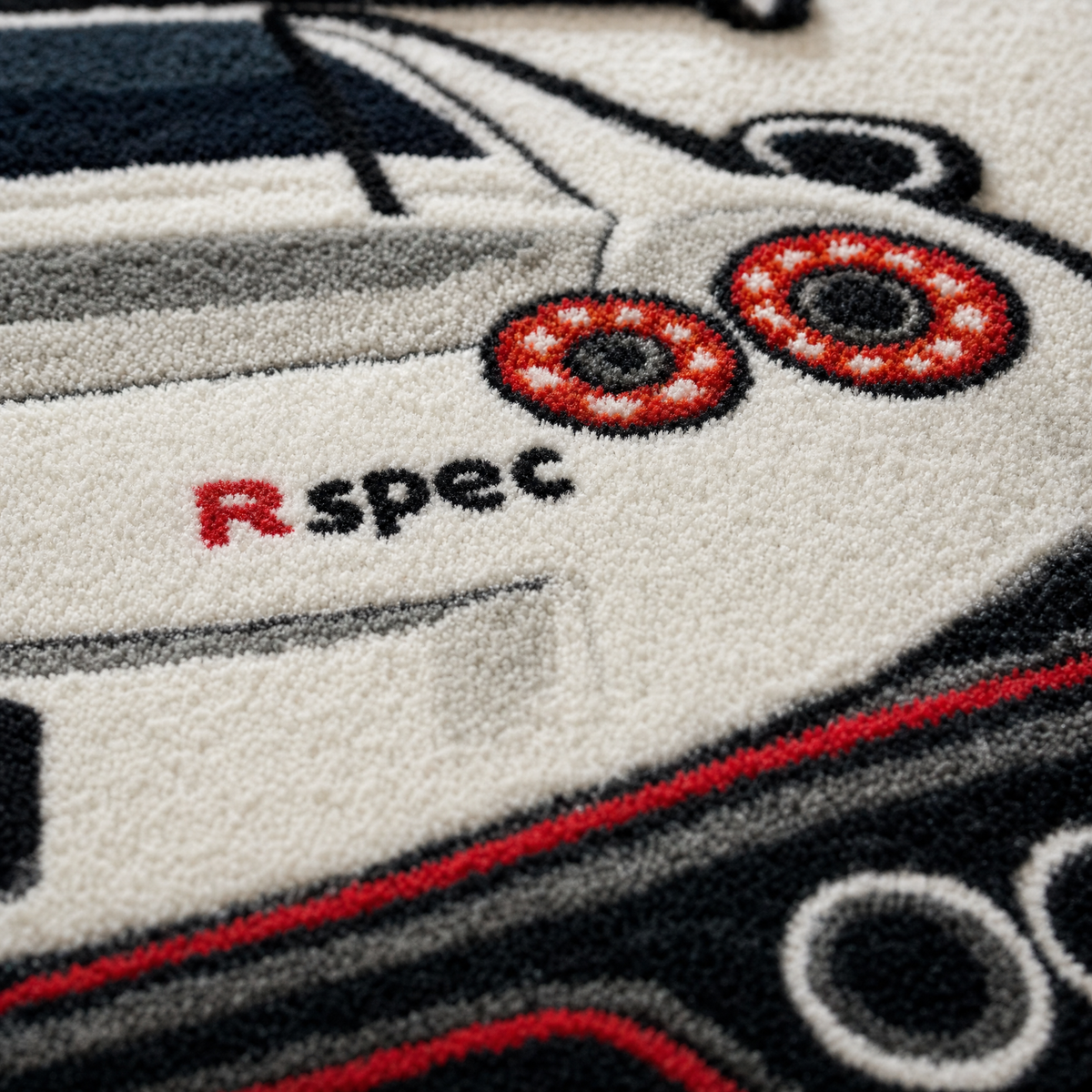 AFTERBURN hand-tufted car rug, rear view of a twin-turbo GT with round taillights – image 2