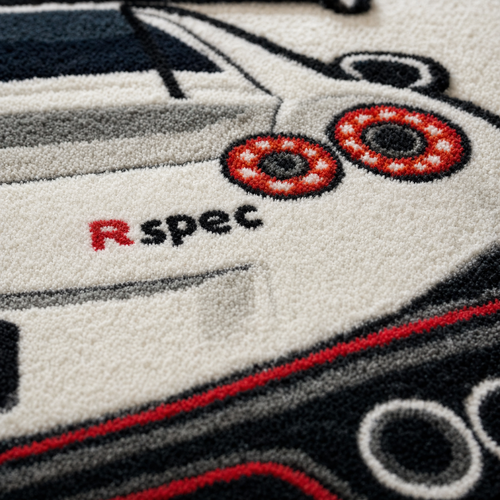 AFTERBURN hand-tufted car rug, rear view of a twin-turbo GT with round taillights – image 2