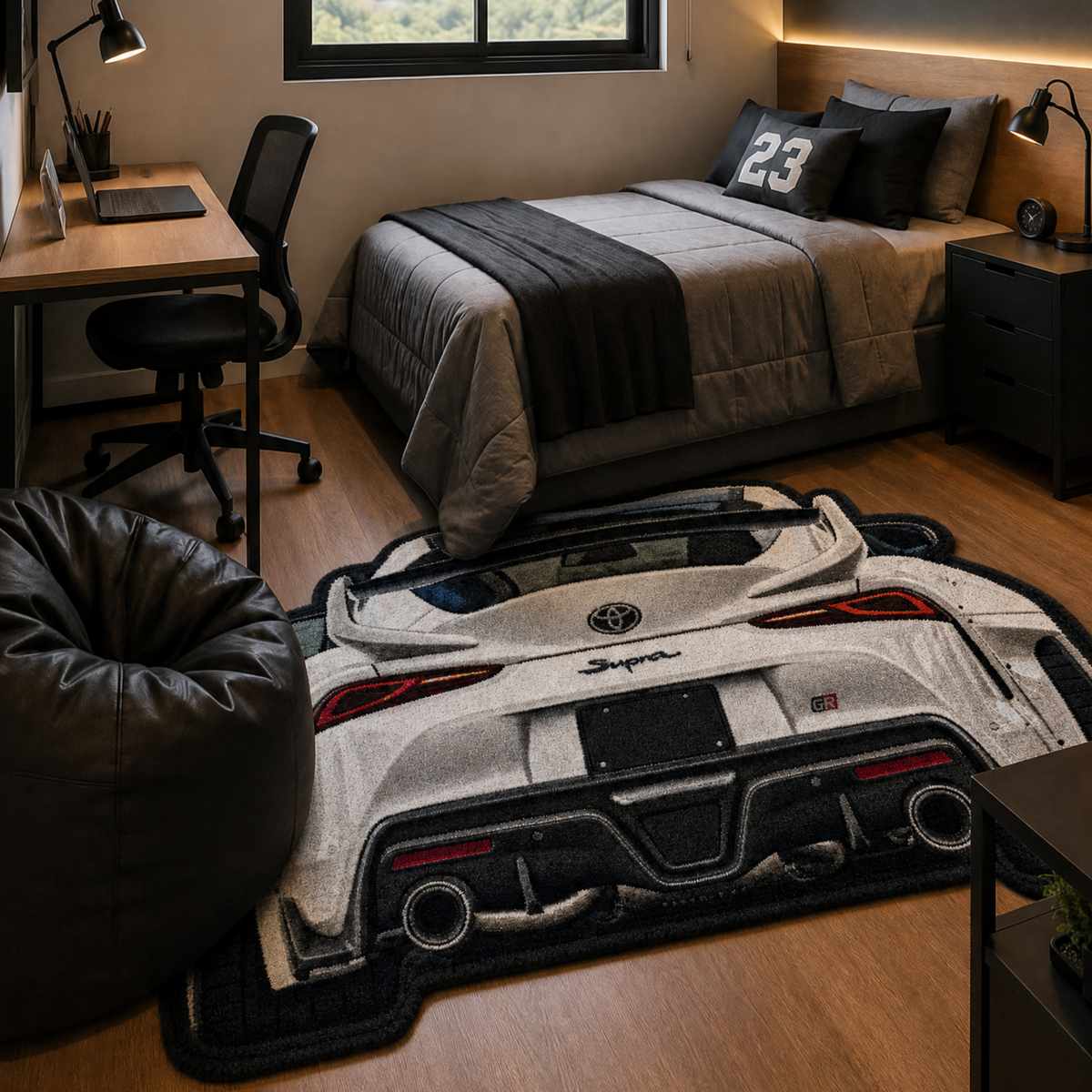 INLINE SIX hand-tufted car rug, rear view of a Japanese sports coupe – image 2