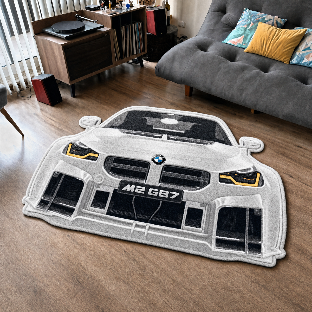 APEX HUNTER hand-tufted car rug, front view of a compact performance coupe – image 10