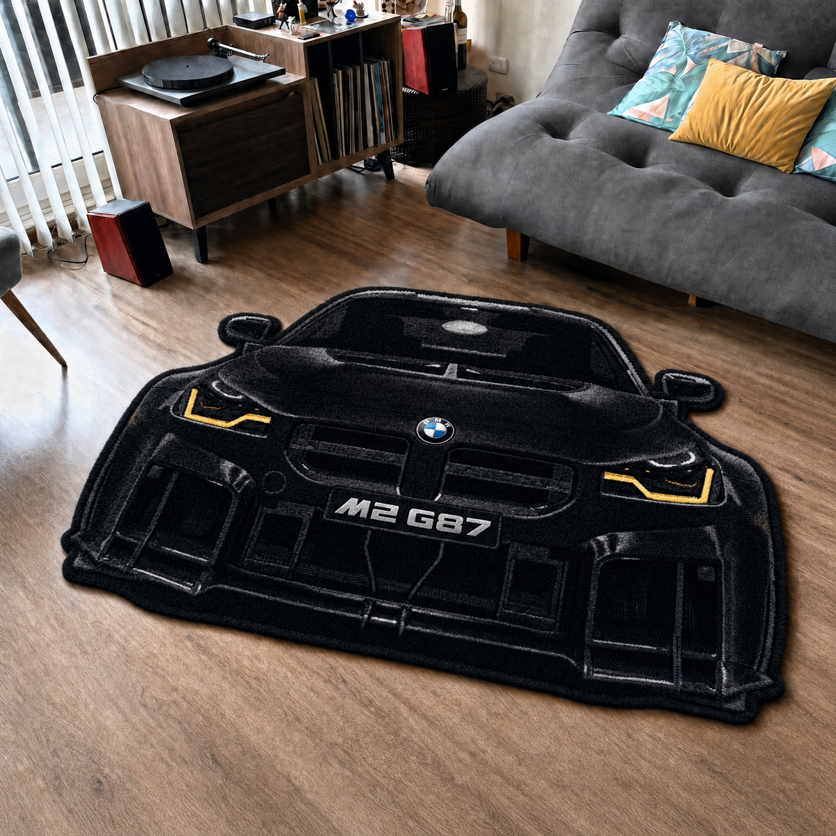 APEX HUNTER hand-tufted car rug, front view of a compact performance coupe – image 12