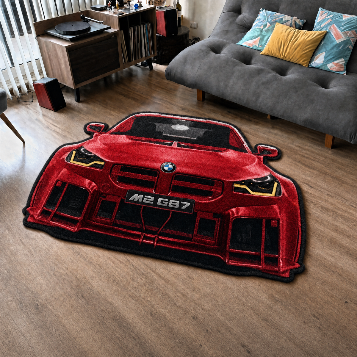 APEX HUNTER hand-tufted car rug, front view of a compact performance coupe – image 15