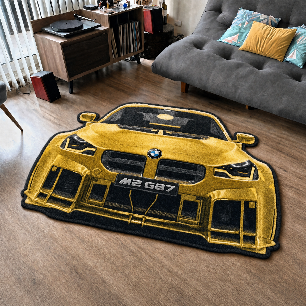 APEX HUNTER hand-tufted car rug, front view of a compact performance coupe – image 11