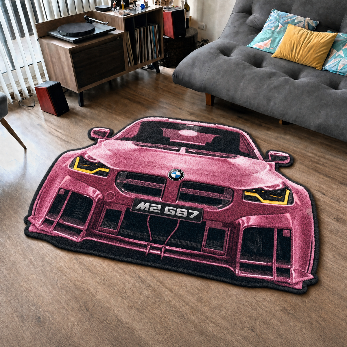 APEX HUNTER hand-tufted car rug, front view of a compact performance coupe – image 14