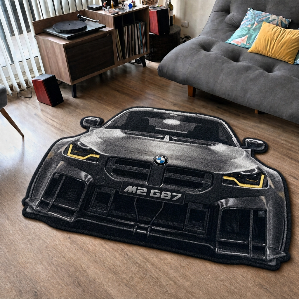 APEX HUNTER hand-tufted car rug, front view of a compact performance coupe