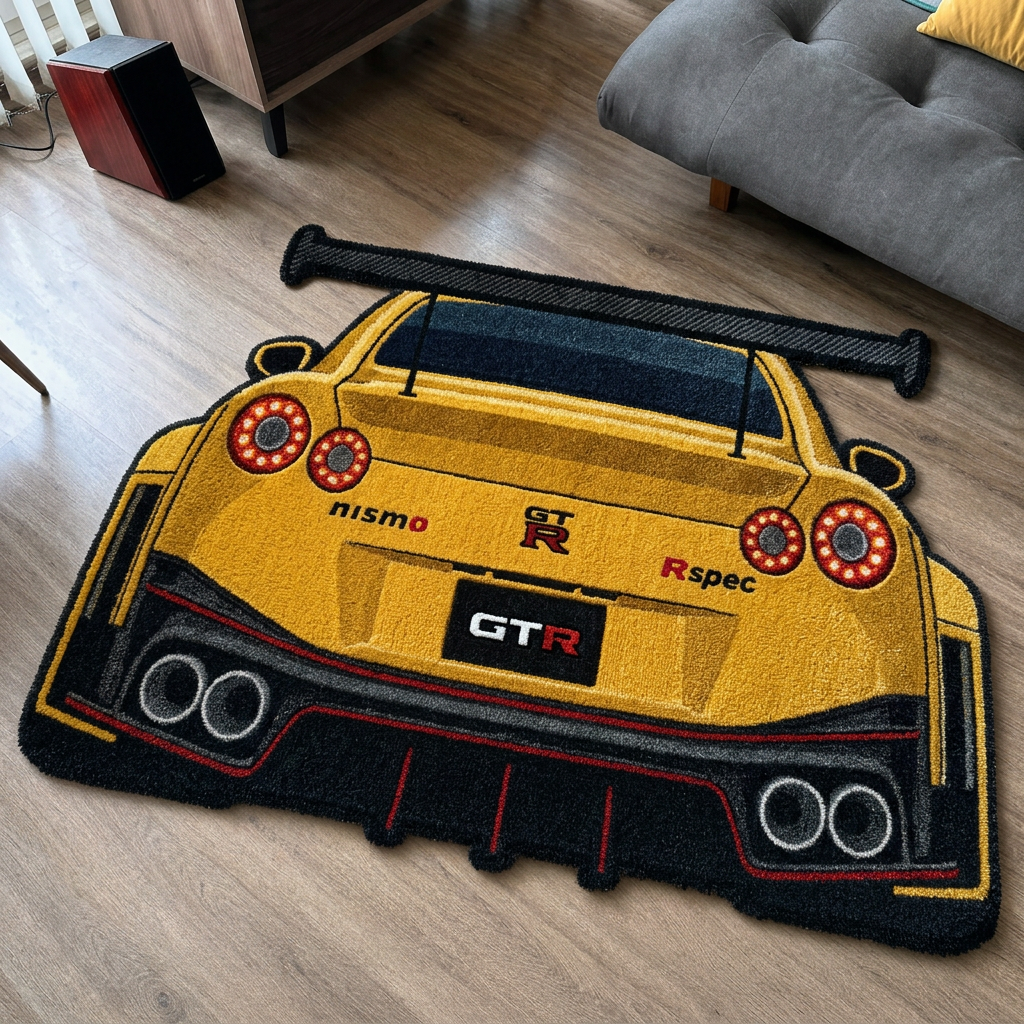 AFTERBURN hand-tufted car rug, rear view of a twin-turbo GT with round taillights – image 11