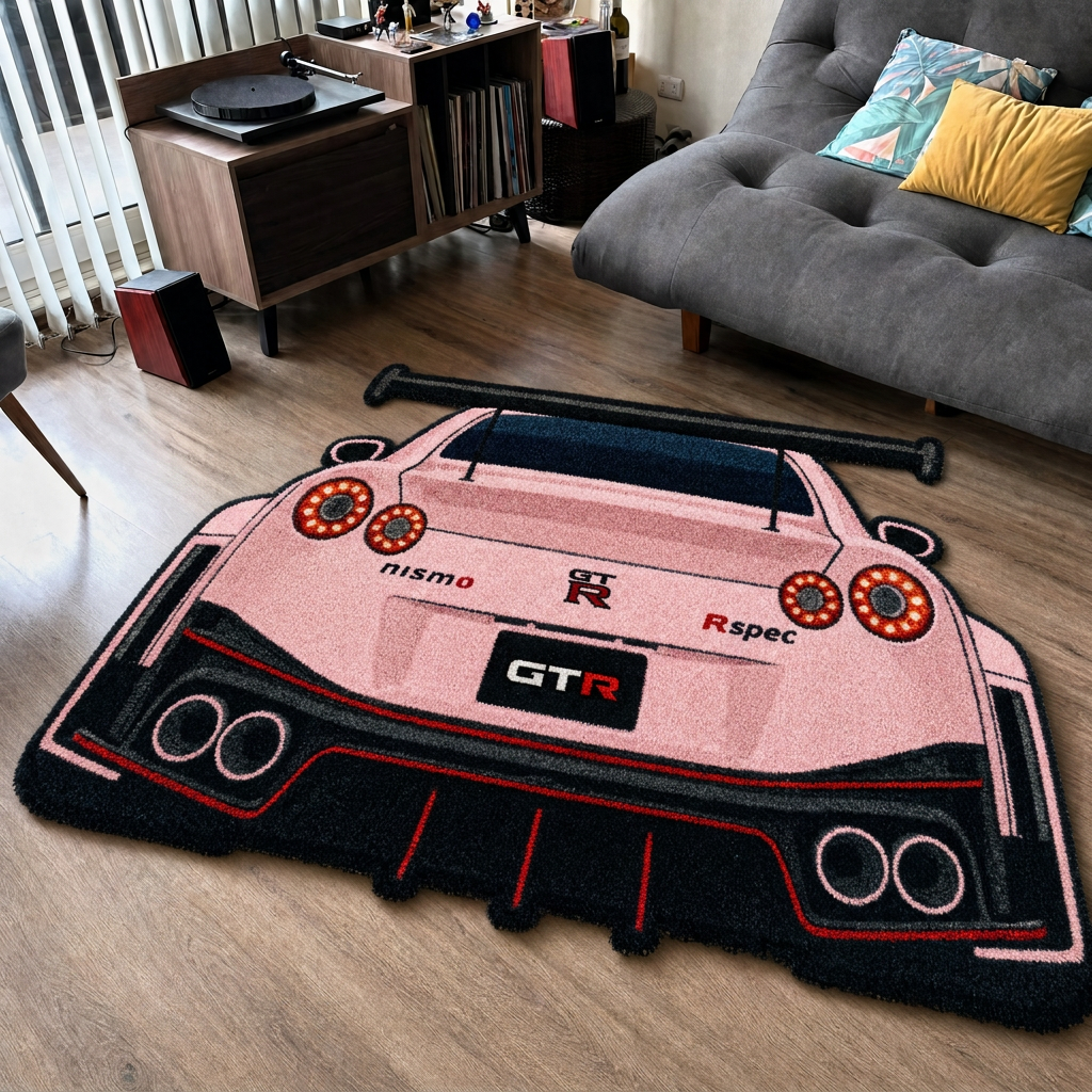 AFTERBURN hand-tufted car rug, rear view of a twin-turbo GT with round taillights – image 10