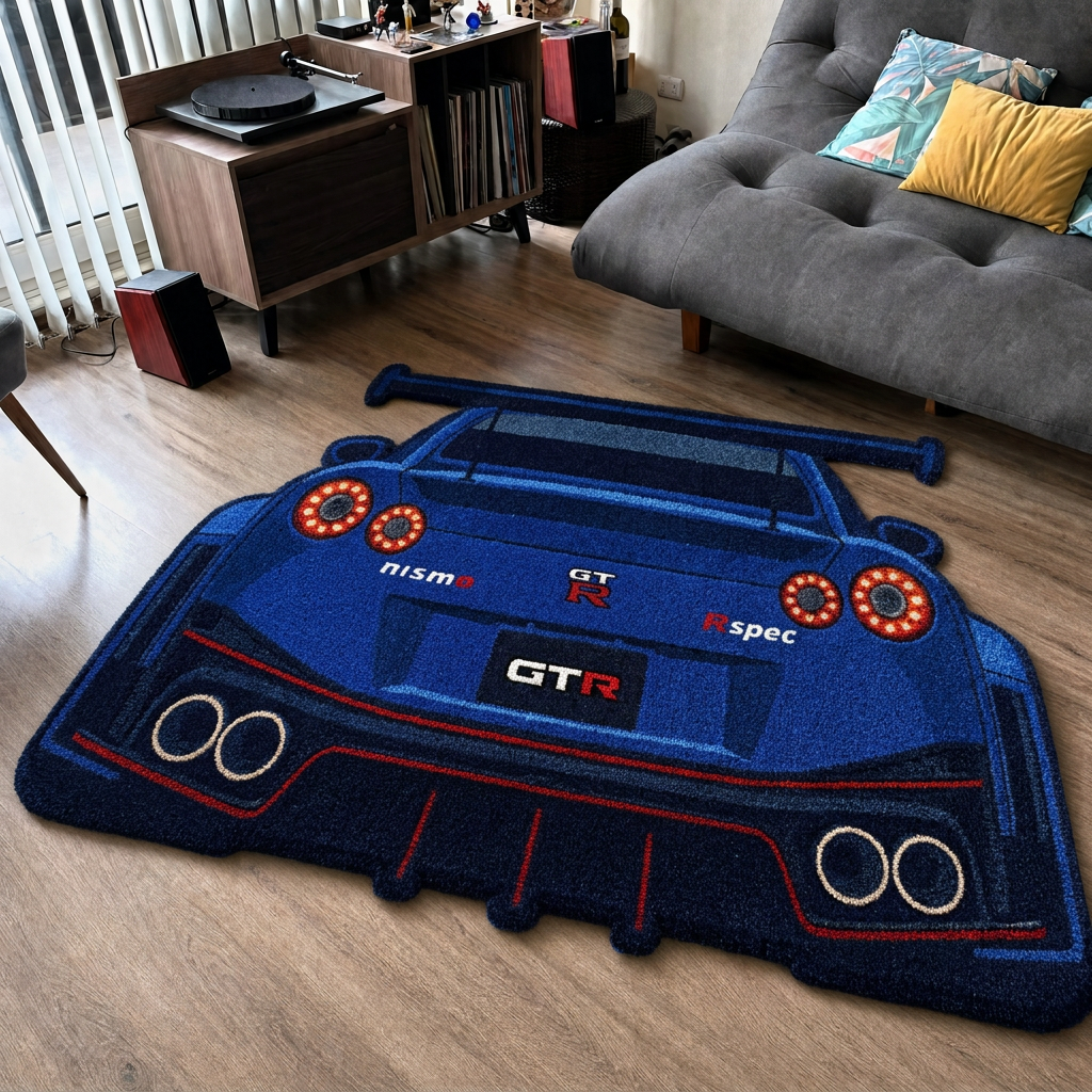 AFTERBURN hand-tufted car rug, rear view of a twin-turbo GT with round taillights – image 12