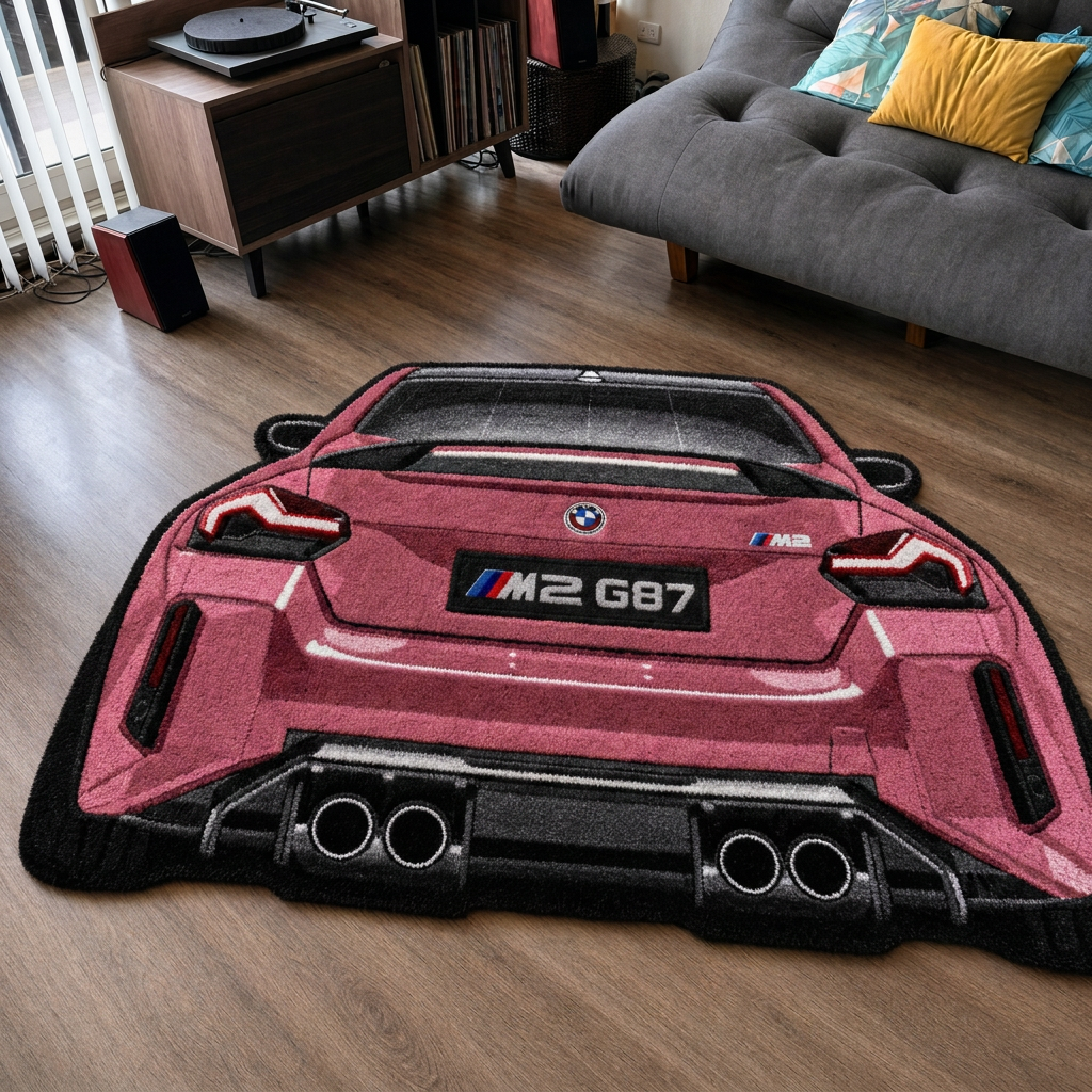 QUAD EXHAUST hand-tufted car rug, rear view of a coupe with four exhaust tips – image 13