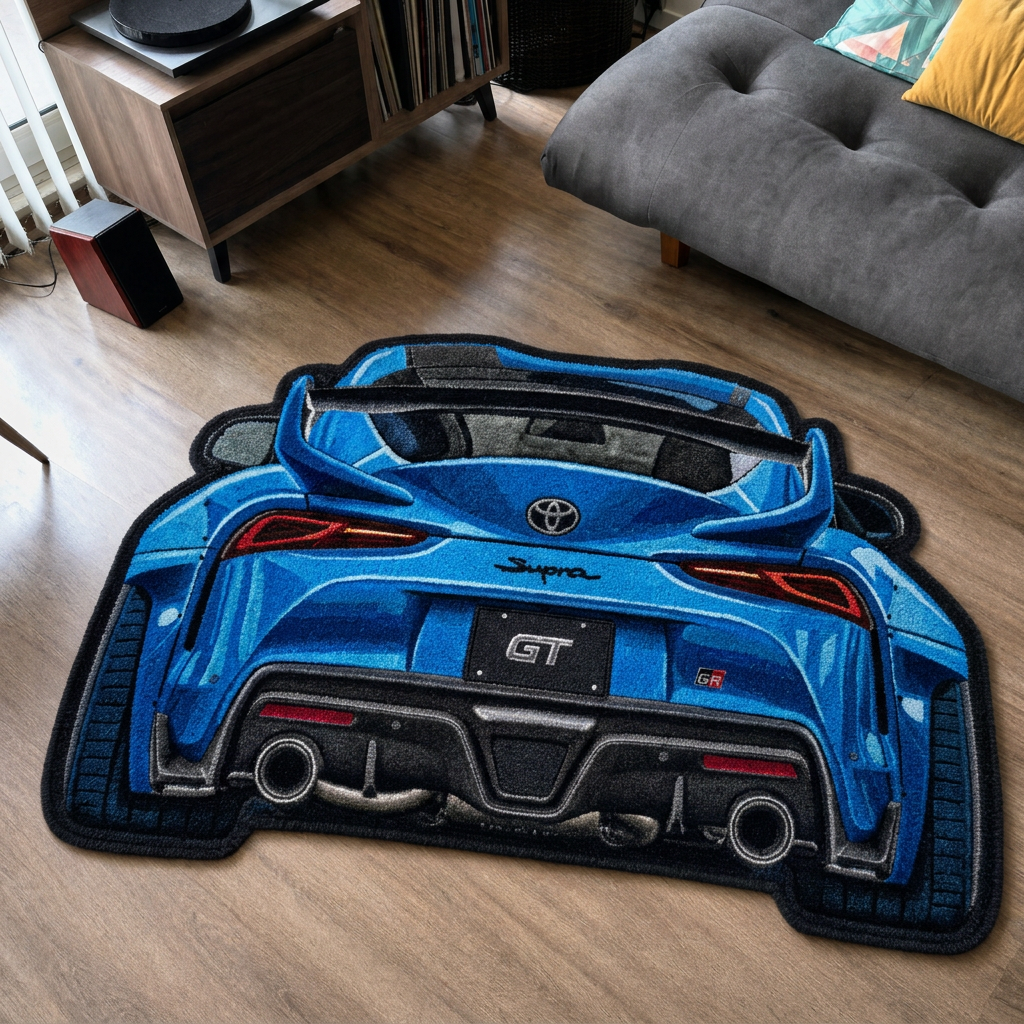 INLINE SIX hand-tufted car rug, rear view of a Japanese sports coupe – image 3
