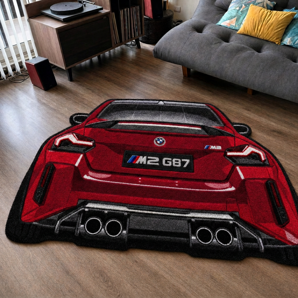 QUAD EXHAUST hand-tufted car rug, rear view of a coupe with four exhaust tips – image 14