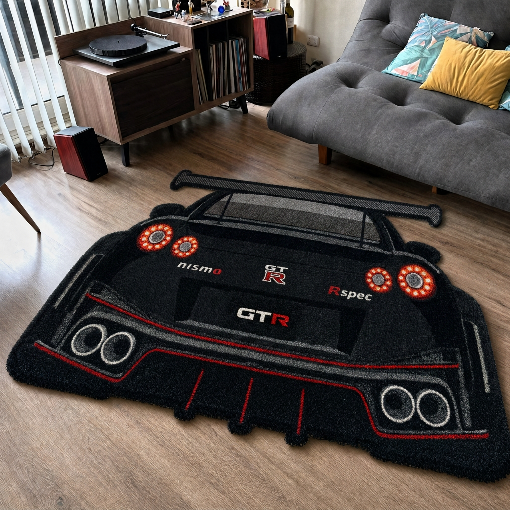 AFTERBURN hand-tufted car rug, rear view of a twin-turbo GT with round taillights – image 7