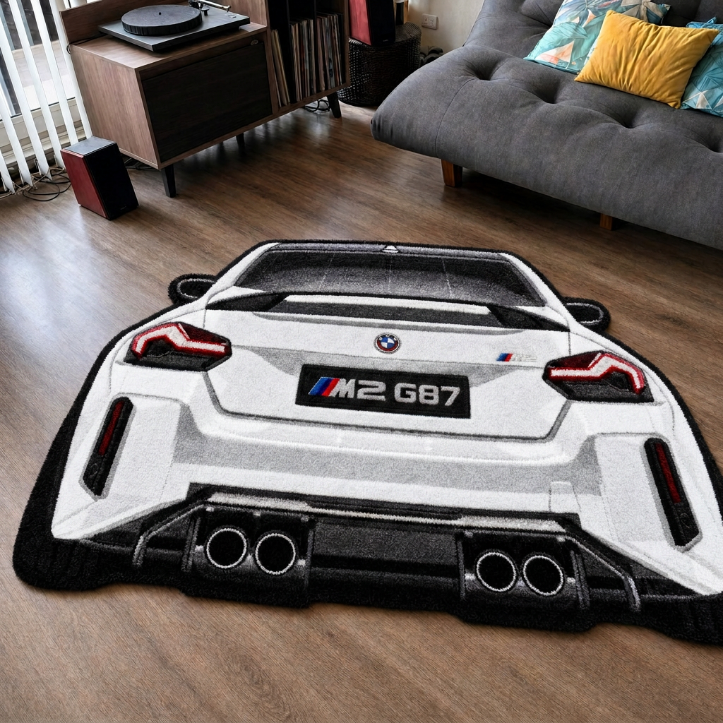 QUAD EXHAUST hand-tufted car rug, rear view of a coupe with four exhaust tips – image 5