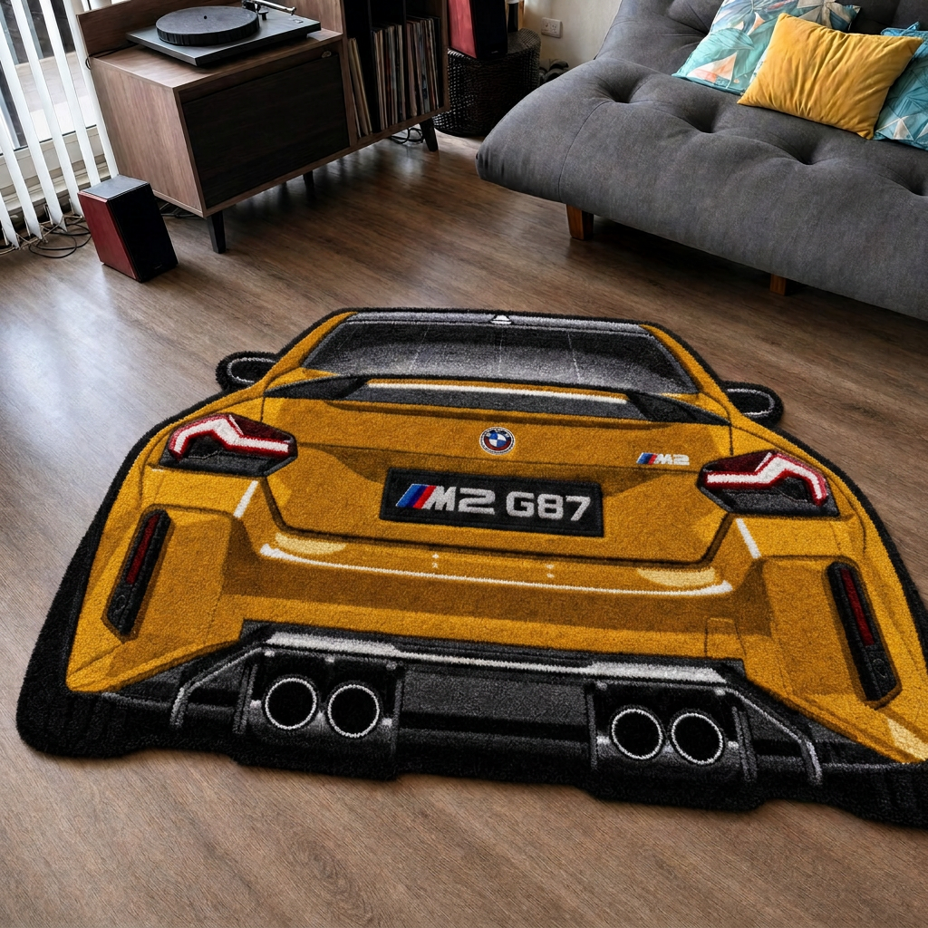 QUAD EXHAUST hand-tufted car rug, rear view of a coupe with four exhaust tips – image 12