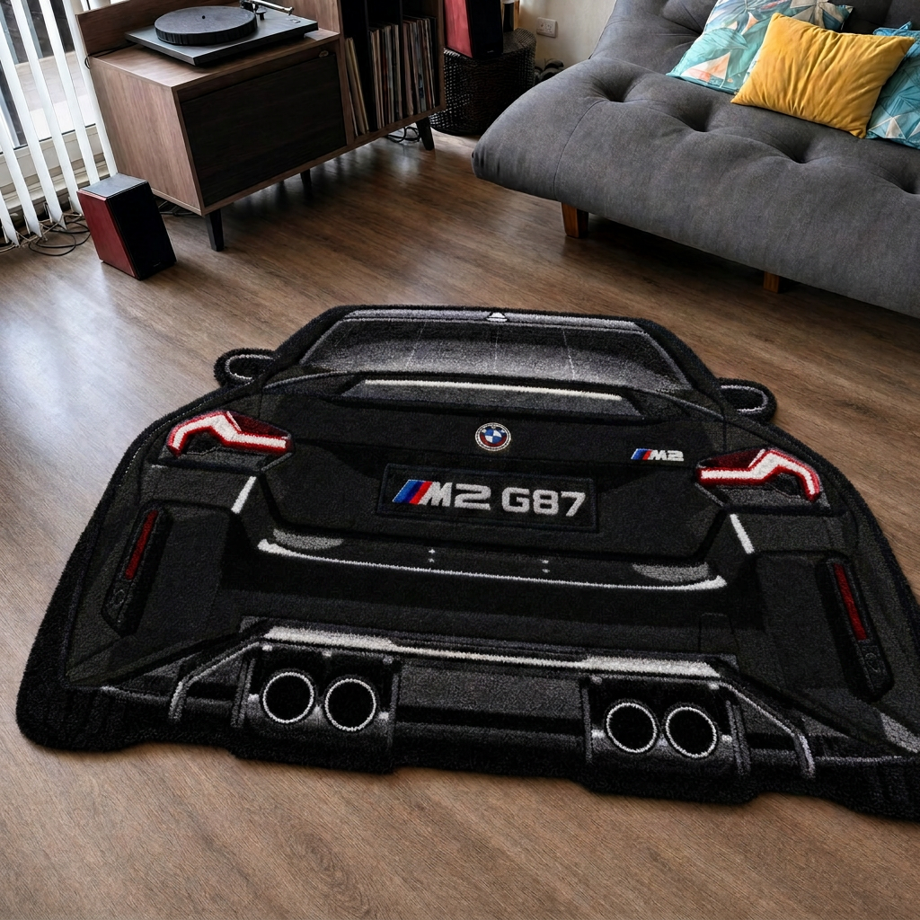 QUAD EXHAUST hand-tufted car rug, rear view of a coupe with four exhaust tips – image 4