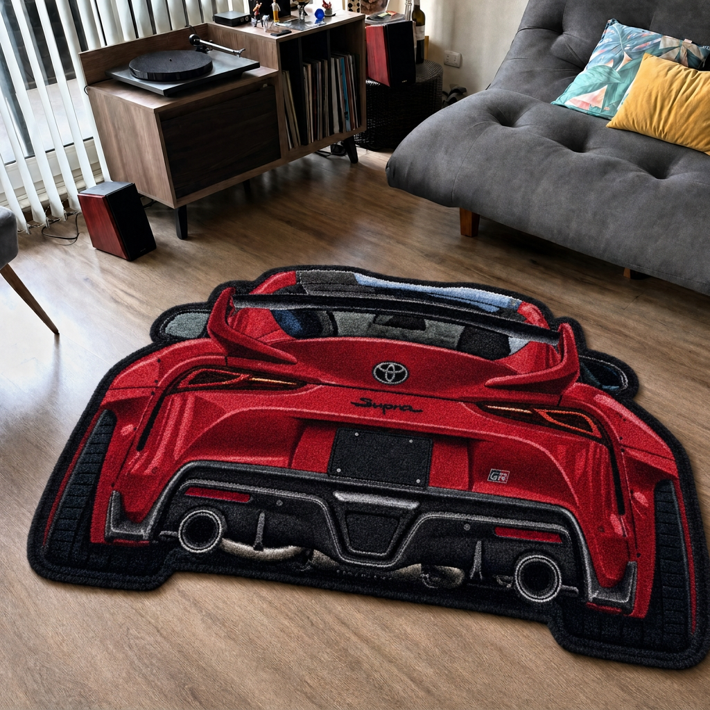 INLINE SIX hand-tufted car rug, rear view of a Japanese sports coupe – image 5
