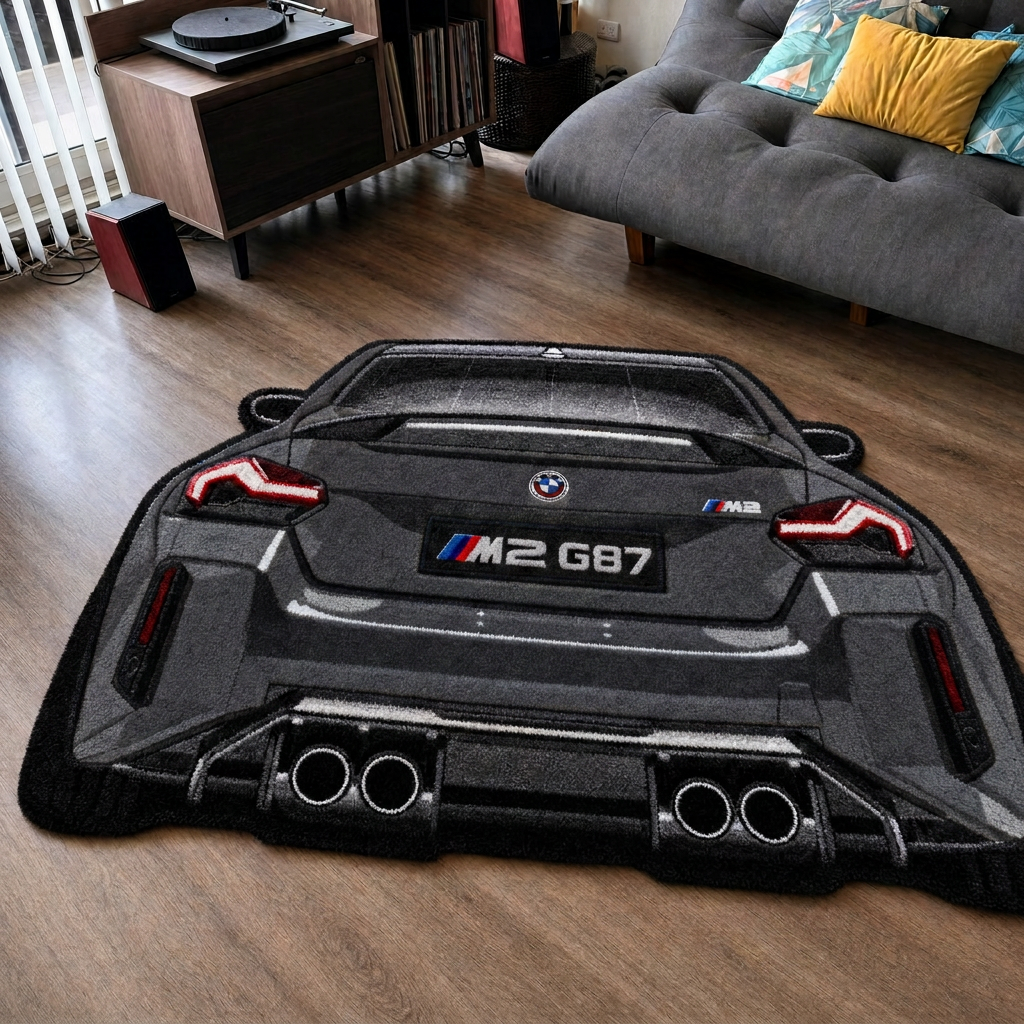 QUAD EXHAUST hand-tufted car rug, rear view of a coupe with four exhaust tips – image 8