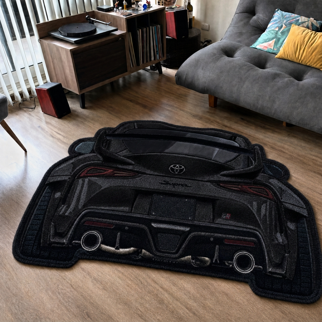 INLINE SIX hand-tufted car rug, rear view of a Japanese sports coupe – image 7