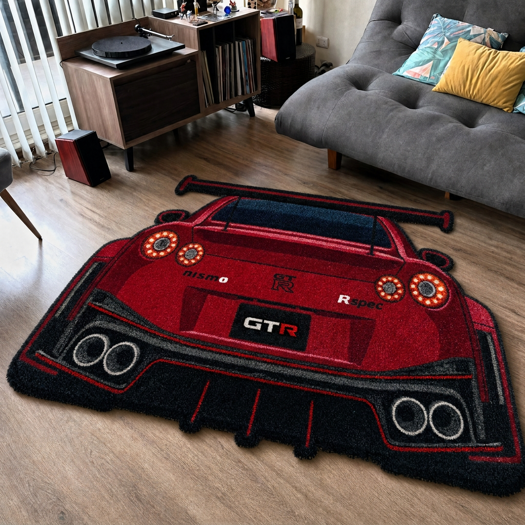 AFTERBURN hand-tufted car rug, rear view of a twin-turbo GT with round taillights – image 13