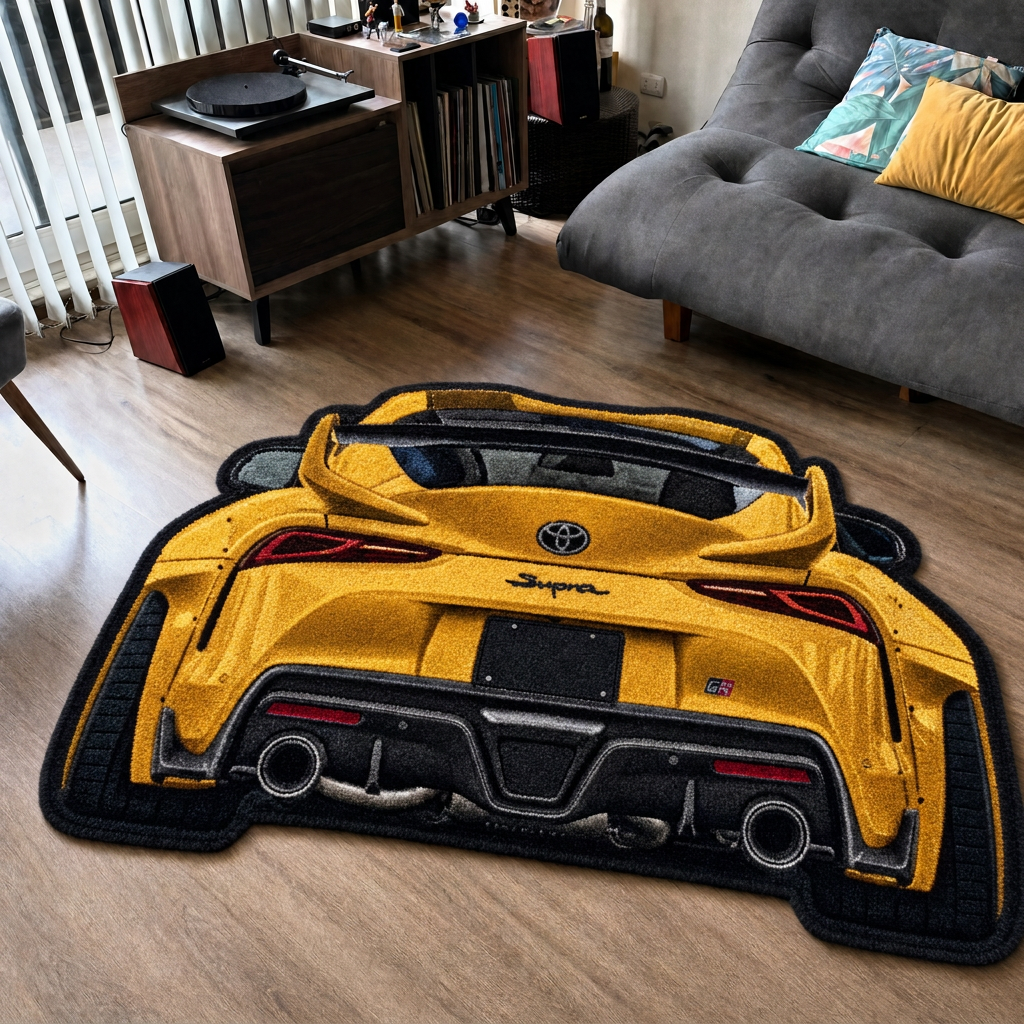 INLINE SIX hand-tufted car rug, rear view of a Japanese sports coupe – image 9