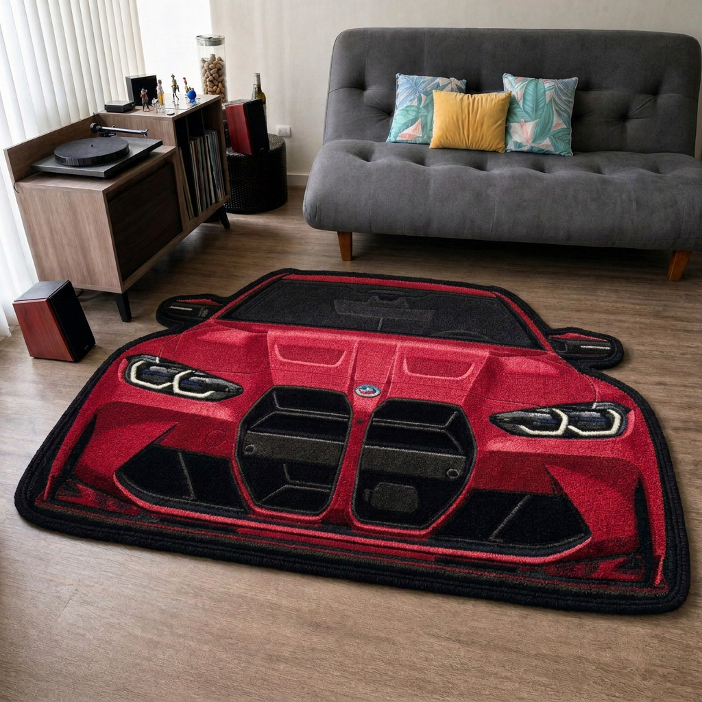 FRONT LINE hand-tufted car rug, front view of a performance sedan with a large grille – image 4