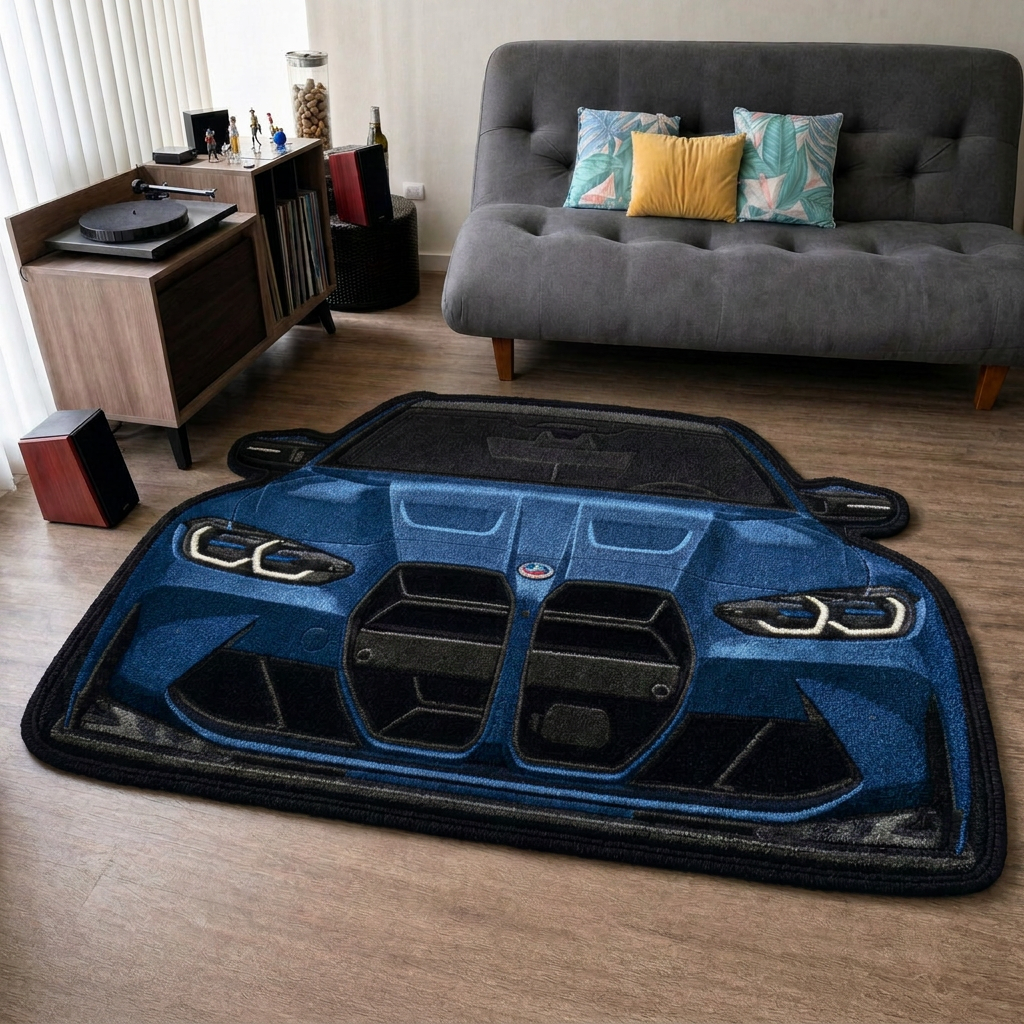 FRONT LINE hand-tufted car rug, front view of a performance sedan with a large grille – image 8