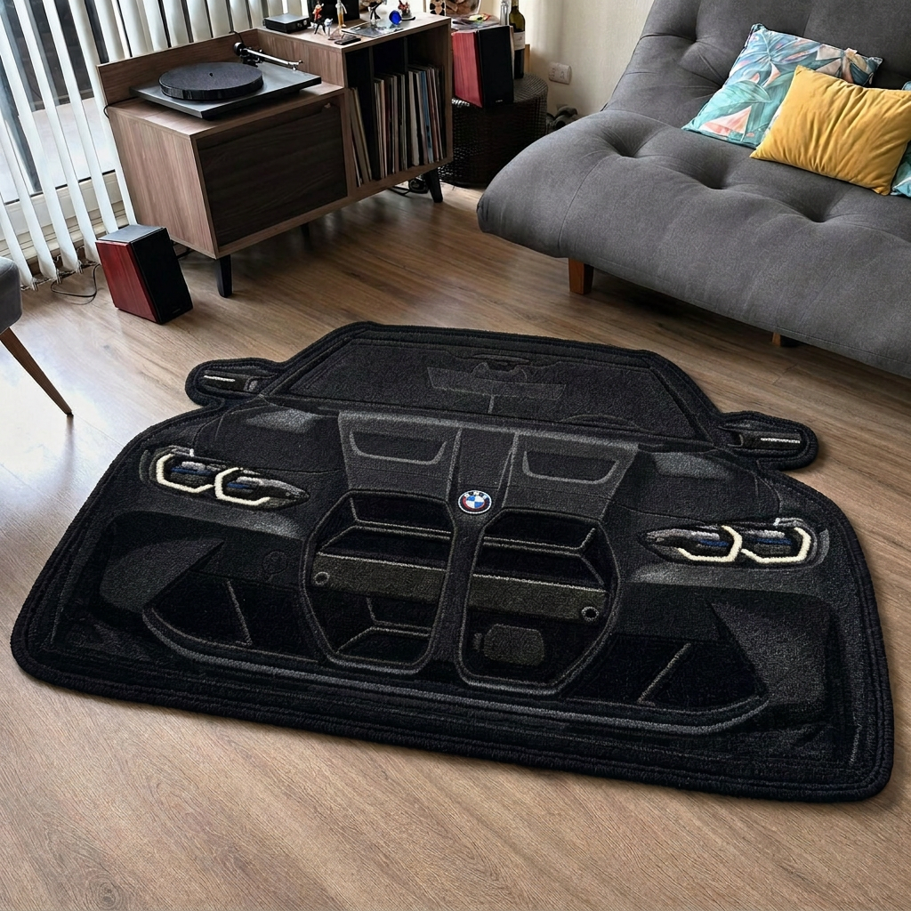 FRONT LINE hand-tufted car rug, front view of a performance sedan with a large grille – image 11