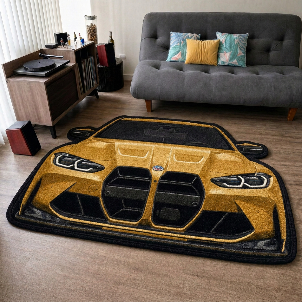 FRONT LINE hand-tufted car rug, front view of a performance sedan with a large grille – image 10