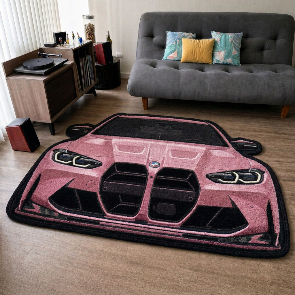 FRONT LINE hand-tufted car rug, front view of a performance sedan with a large grille – image 14