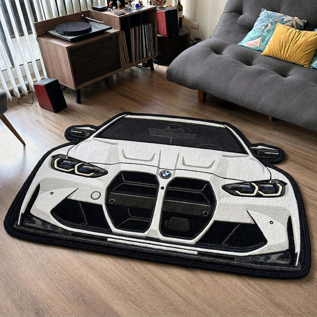 FRONT LINE hand-tufted car rug, front view of a performance sedan with a large grille – image 13