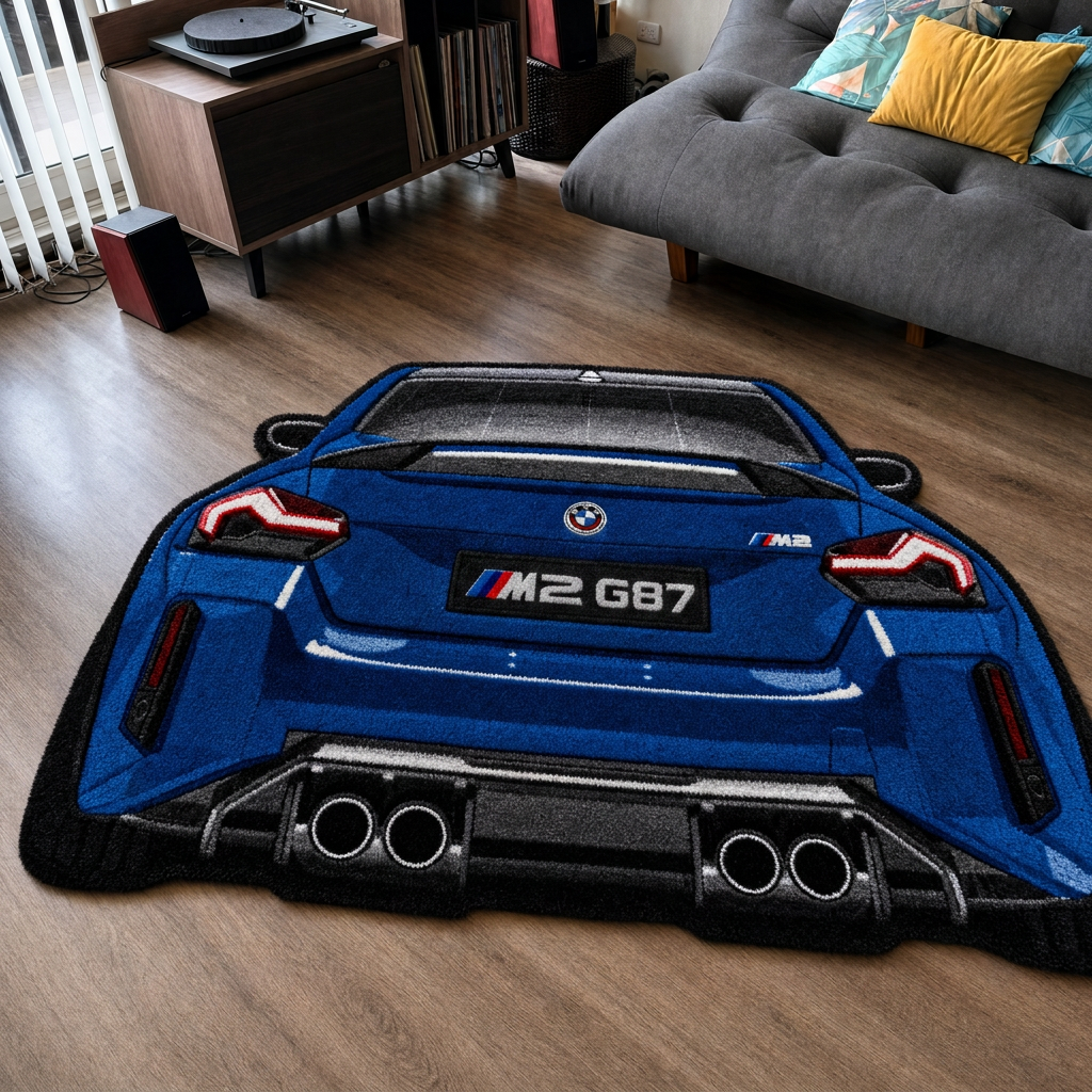 QUAD EXHAUST hand-tufted car rug, rear view of a coupe with four exhaust tips